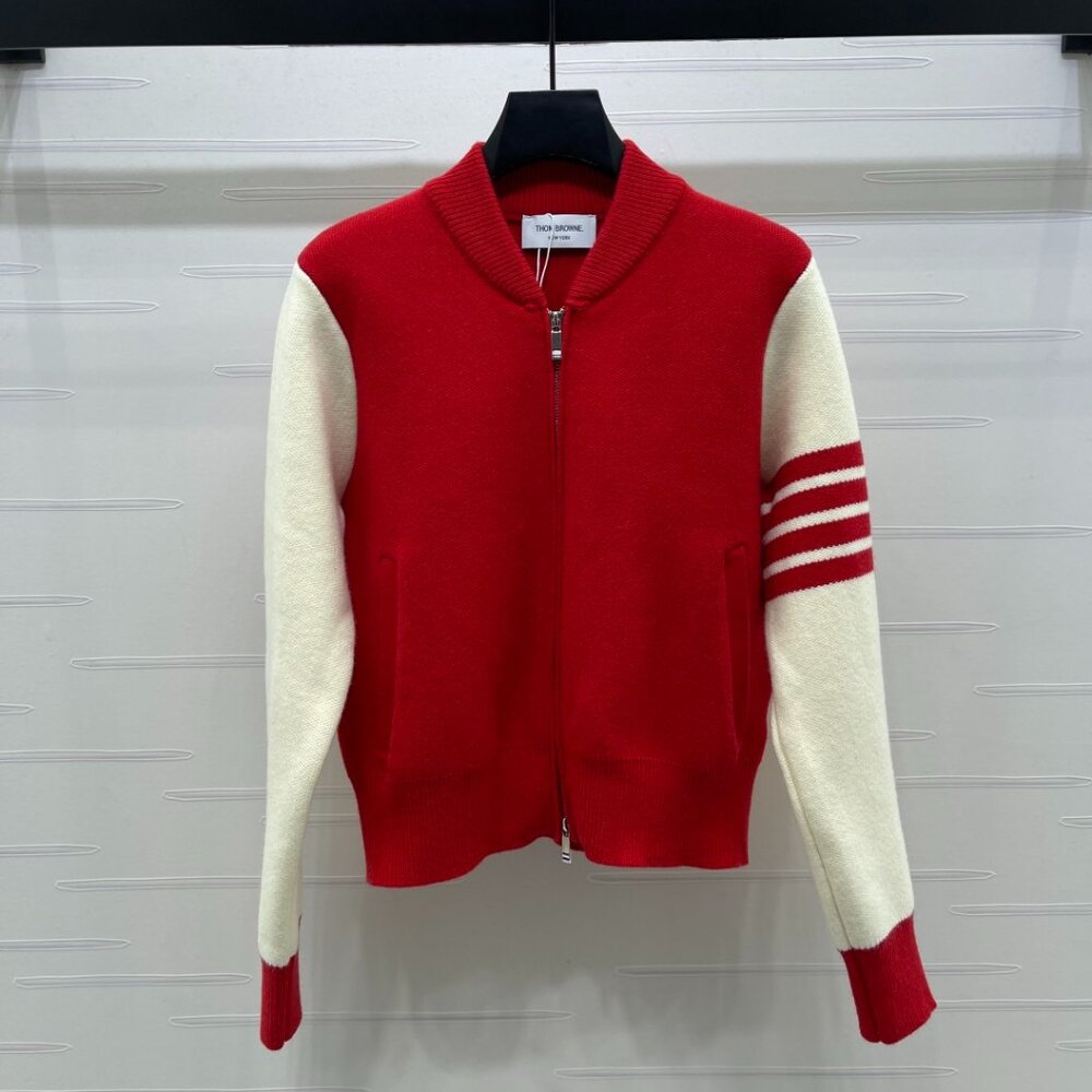 Thom Browne Red Body With Cream Sleeve Four-Bar Zip Cardigan